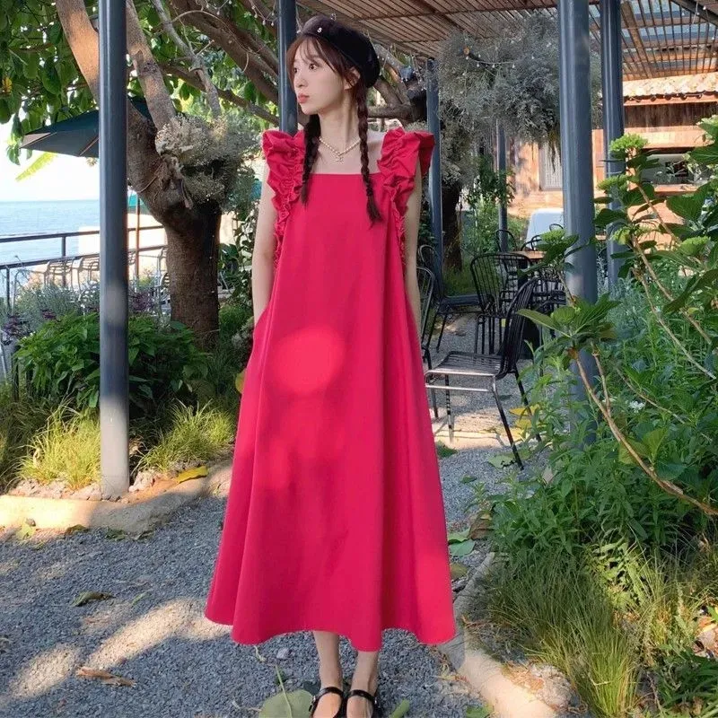 Vine Color Sleeveless Dress Women's Red-4