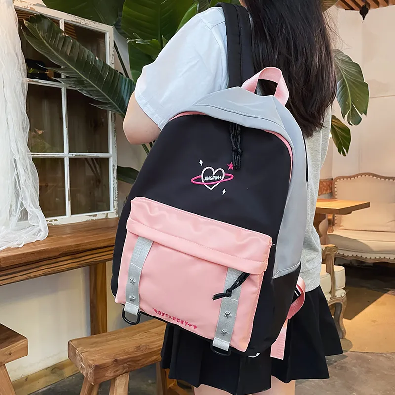 OURFUN Nylon Backpack Unisex Pink/Violet/Light Green-5