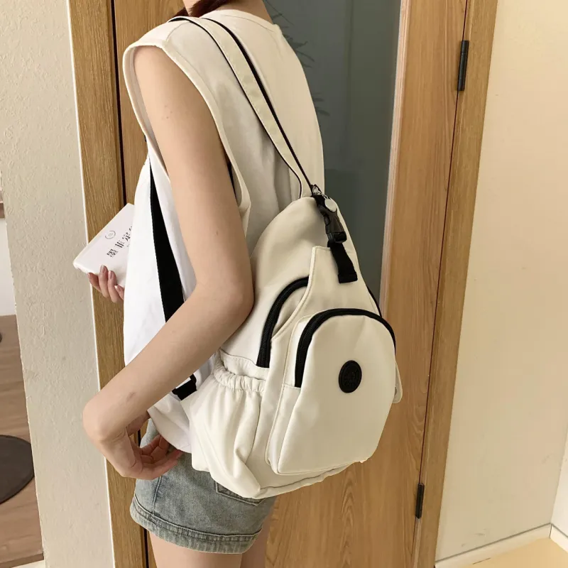 OURFUN Nylon Backpack On The Shoulder Unisex Ecru/Black/Orange-2