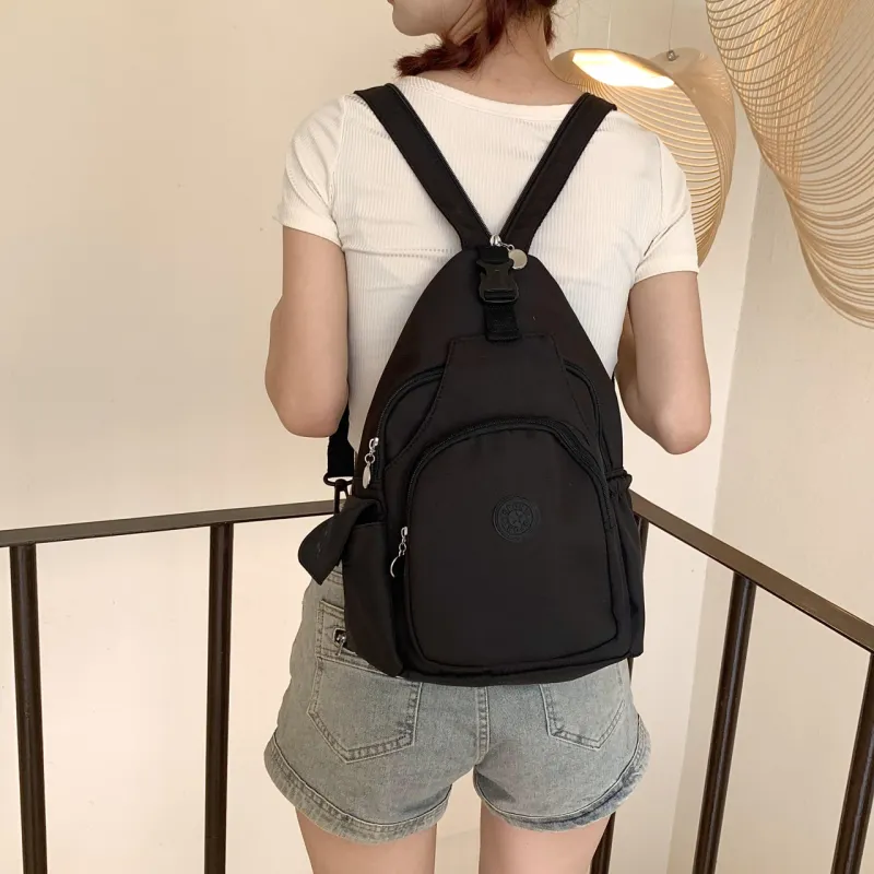 OURFUN Nylon Backpack On The Shoulder Unisex Ecru/Black/Orange-8