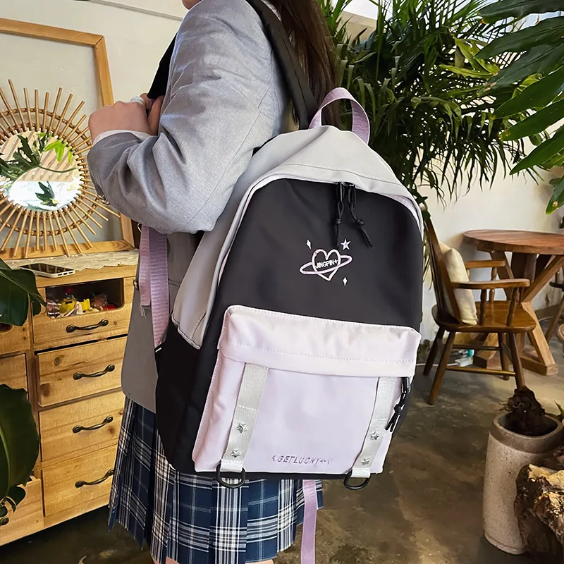 OURFUN Nylon Backpack Unisex Pink/Violet/Light Green-10