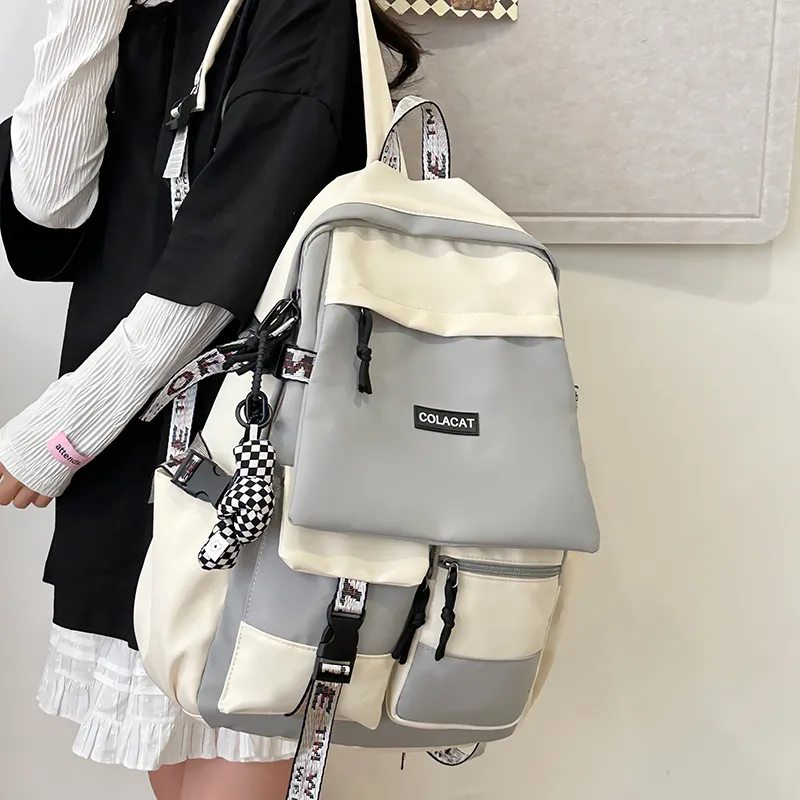 OURFUN Nylon Backpack Regular Unisex Black & White/Light Gray/Black/Blue-6