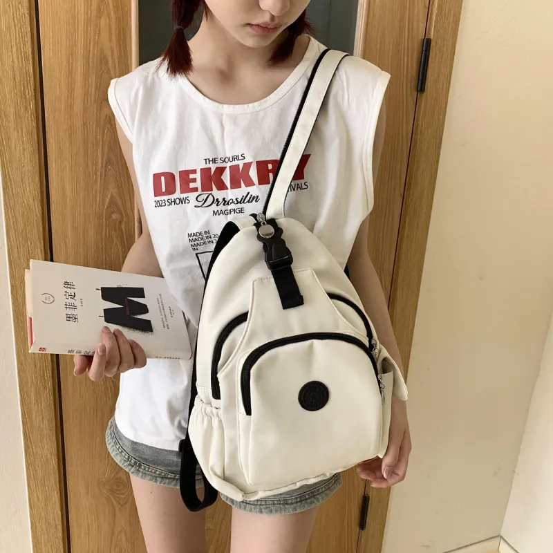 OURFUN Nylon Backpack On The Shoulder Unisex Ecru/Black/Orange-5