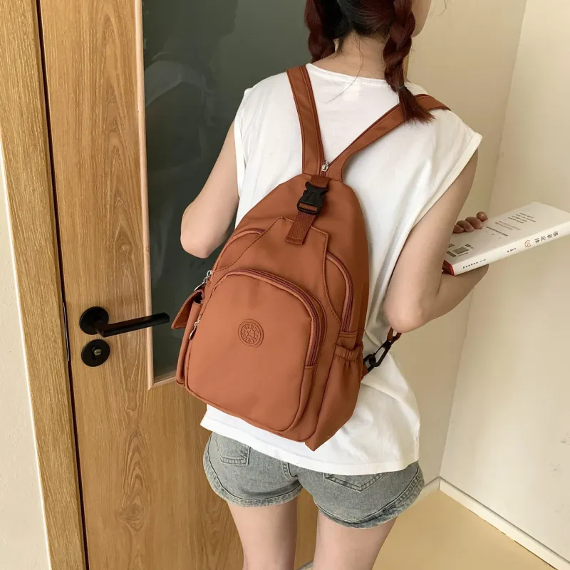 OURFUN Nylon Backpack On The Shoulder Unisex Ecru/Black/Orange-13