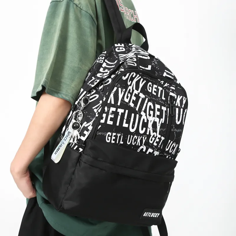 OURFUN Nylon Backpack Unisex Black Base With White Text/White Base With Black Text/Black Planet/Blue Planet-2