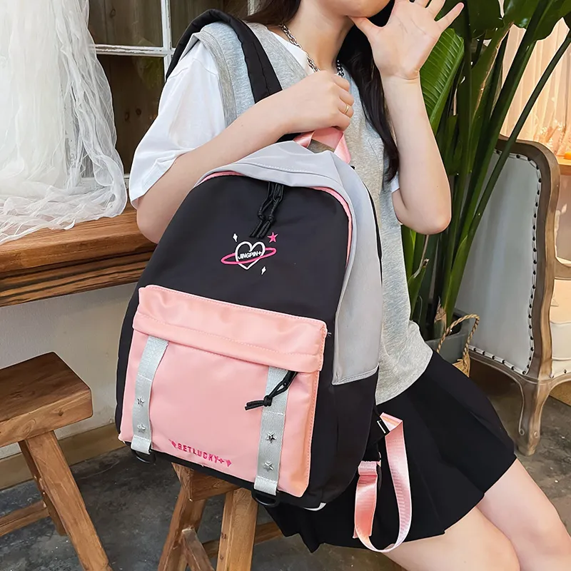 OURFUN Nylon Backpack Unisex Pink/Violet/Light Green-3