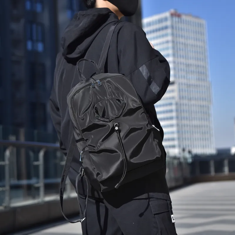 OURFUN Oxford Patchwork PU Backpack Unisex Black Leather Membrane/Black-5