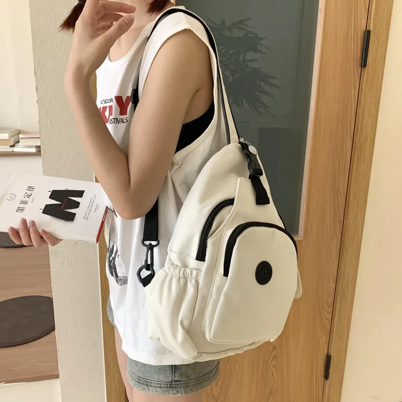 OURFUN Nylon Backpack On The Shoulder Unisex Ecru/Black/Orange-1