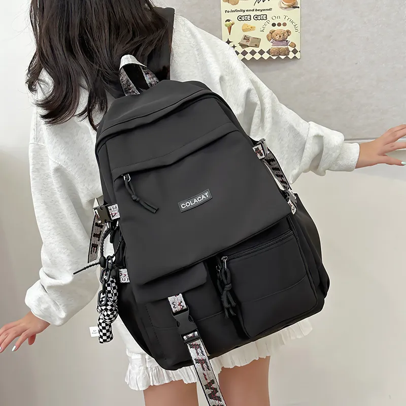 OURFUN Nylon Backpack Regular Unisex Black & White/Light Gray/Black/Blue-12
