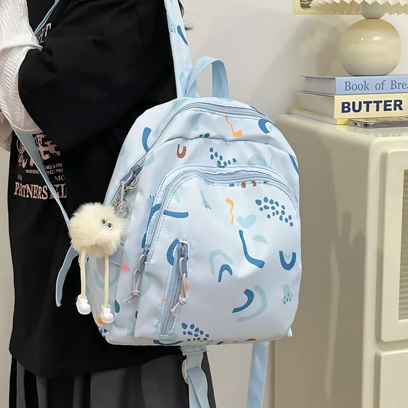 OURFUN Nylon Fabric Backpack White/Black/Pink/Green/Blue-11