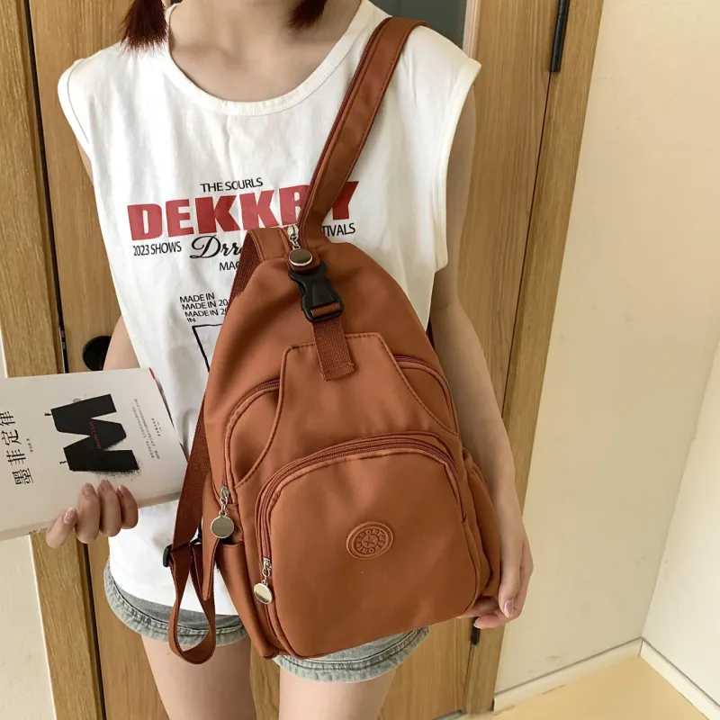 OURFUN Nylon Backpack On The Shoulder Unisex Ecru/Black/Orange-10