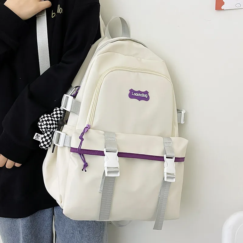 OURFUN Nylon Backpack Unisex White/Black/Pink/Blue-2