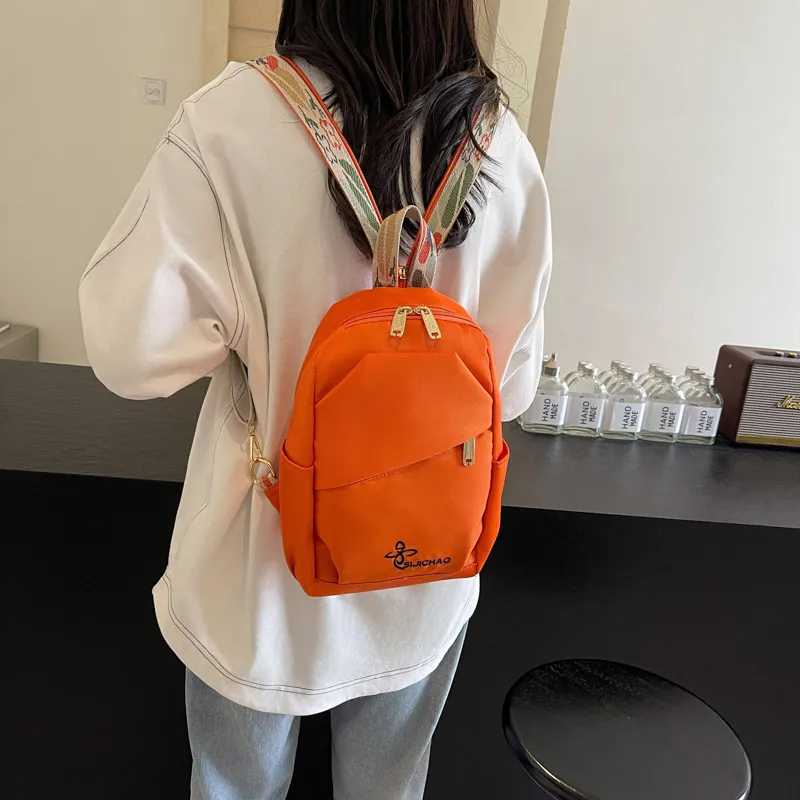 OURFUN Nylon Fabric Backpack Regular Unisex Ecru/Black/Orange-7