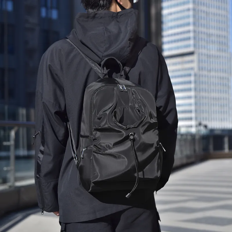 OURFUN Oxford Patchwork PU Backpack Unisex Black Leather Membrane/Black-4