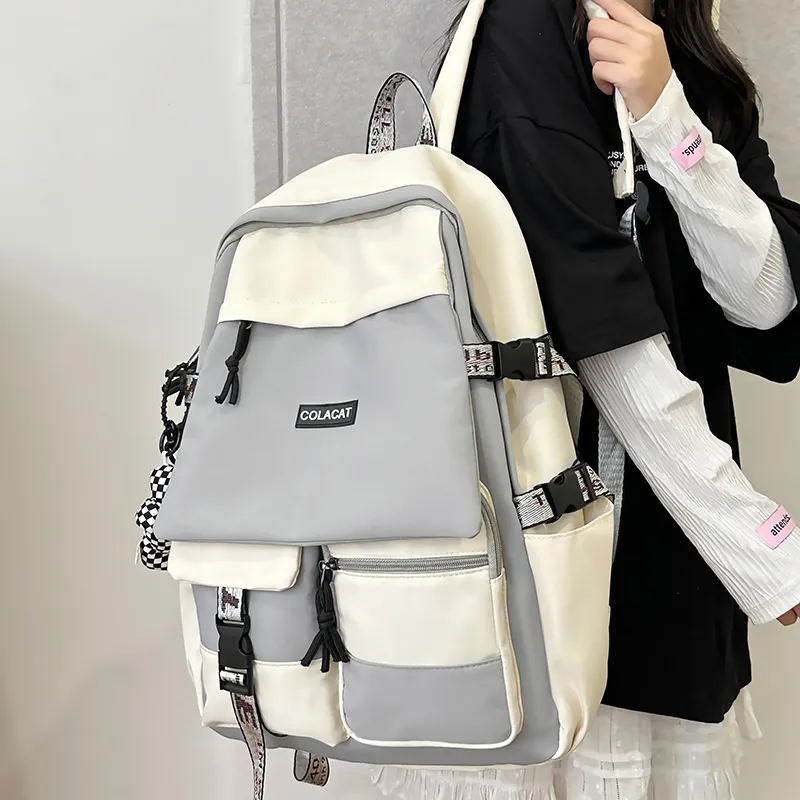 OURFUN Nylon Backpack Regular Unisex Black & White/Light Gray/Black/Blue-9