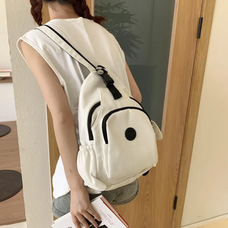 OURFUN Nylon Backpack On The Shoulder Unisex Ecru/Black/Orange-3