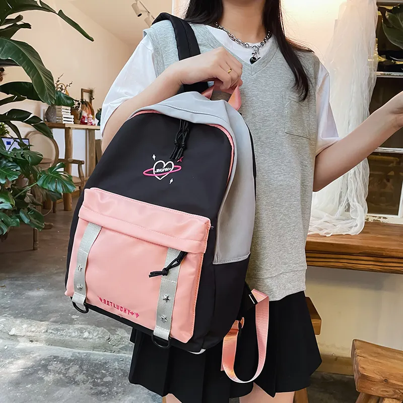 OURFUN Nylon Backpack Unisex Pink/Violet/Light Green-2