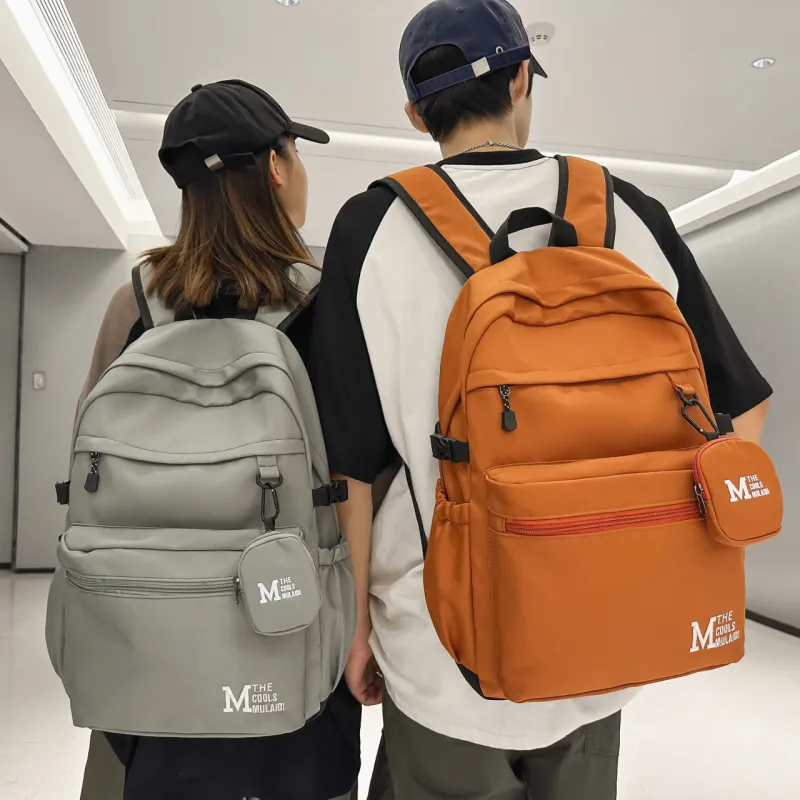 OURFUN Nylon Fabric Backpack Unisex White/Gray/Black/Light Brown-4