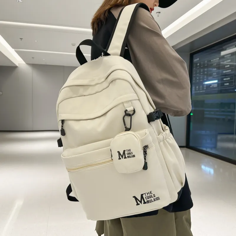 OURFUN Nylon Fabric Backpack Unisex White/Gray/Black/Light Brown-11