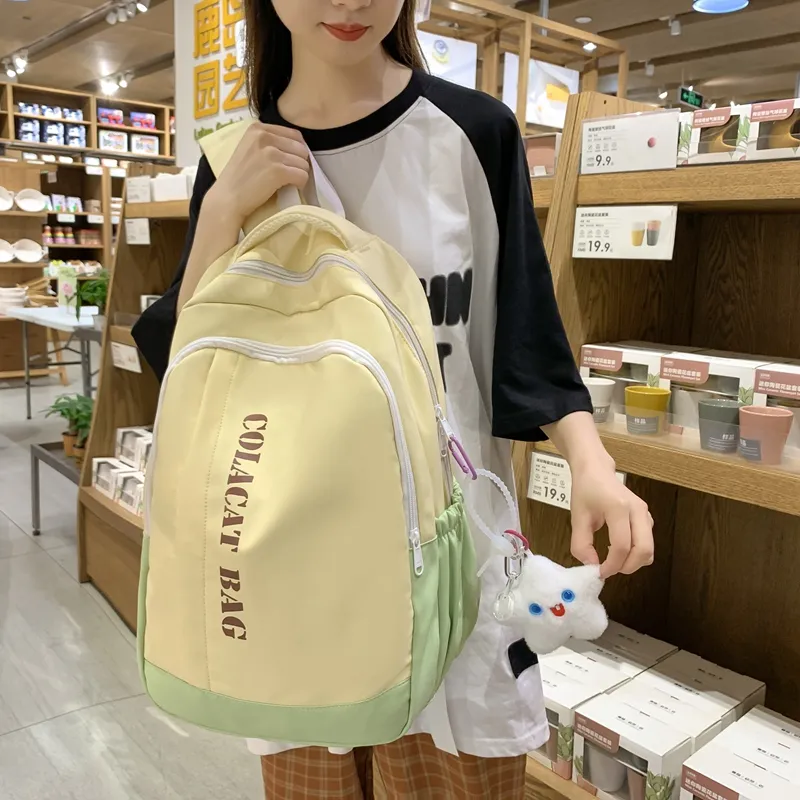 OURFUN Nylon Fabric Backpack Unisex Blue White/Yellow Green/Black White/Light Brown-3