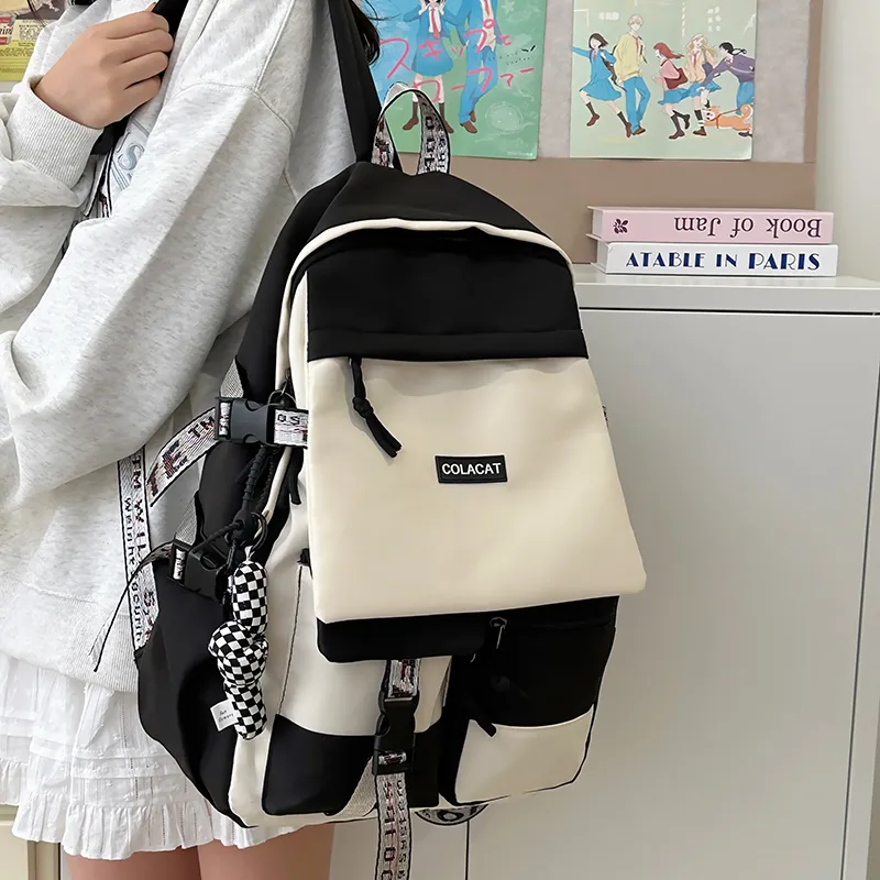 OURFUN Nylon Backpack Regular Unisex Black & White/Light Gray/Black/Blue-2