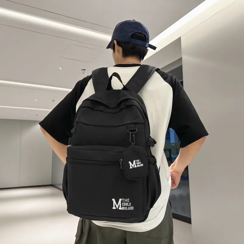 OURFUN Nylon Fabric Backpack Unisex White/Gray/Black/Light Brown-3