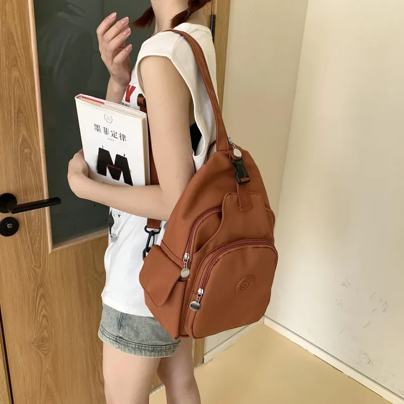 OURFUN Nylon Backpack On The Shoulder Unisex Ecru/Black/Orange-11