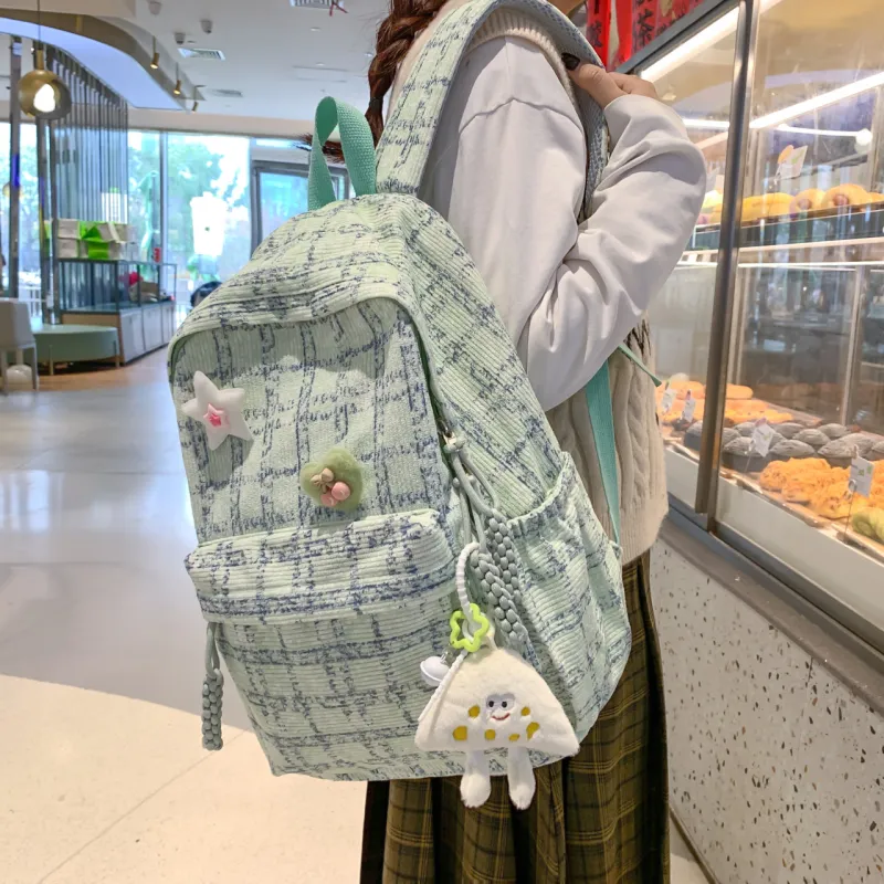 OURFUN Corduroy Backpack Regular Unisex Green/Blue/Pink-1
