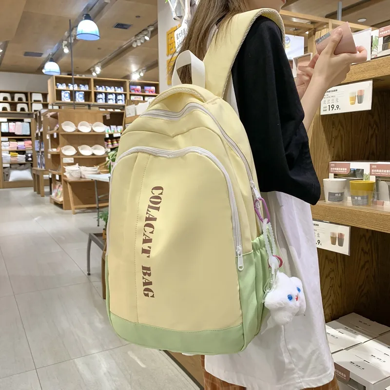 OURFUN Nylon Fabric Backpack Unisex Blue White/Yellow Green/Black White/Light Brown-2