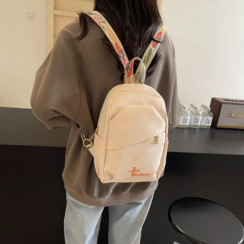 OURFUN Nylon Fabric Backpack Regular Unisex Ecru/Black/Orange-1