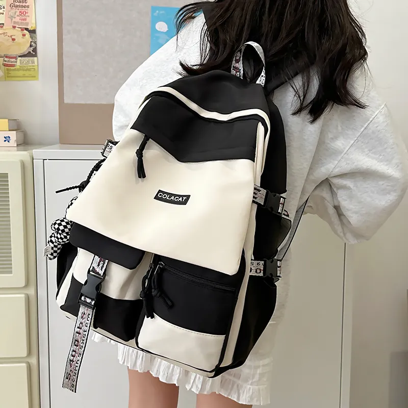 OURFUN Nylon Backpack Regular Unisex Black & White/Light Gray/Black/Blue-1
