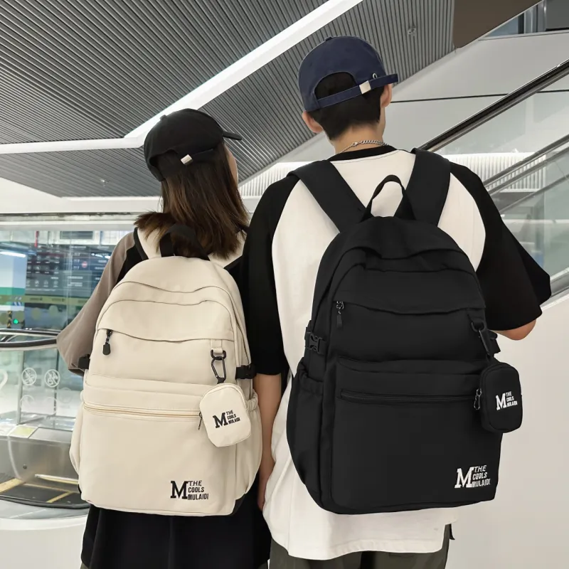 OURFUN Nylon Fabric Backpack Unisex White/Gray/Black/Light Brown-2
