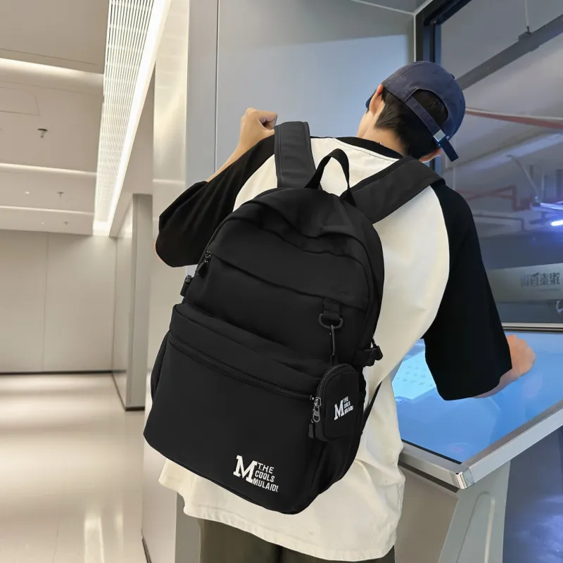 OURFUN Nylon Fabric Backpack Unisex White/Gray/Black/Light Brown-5