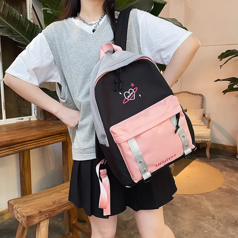 OURFUN Nylon Backpack Unisex Pink/Violet/Light Green-4
