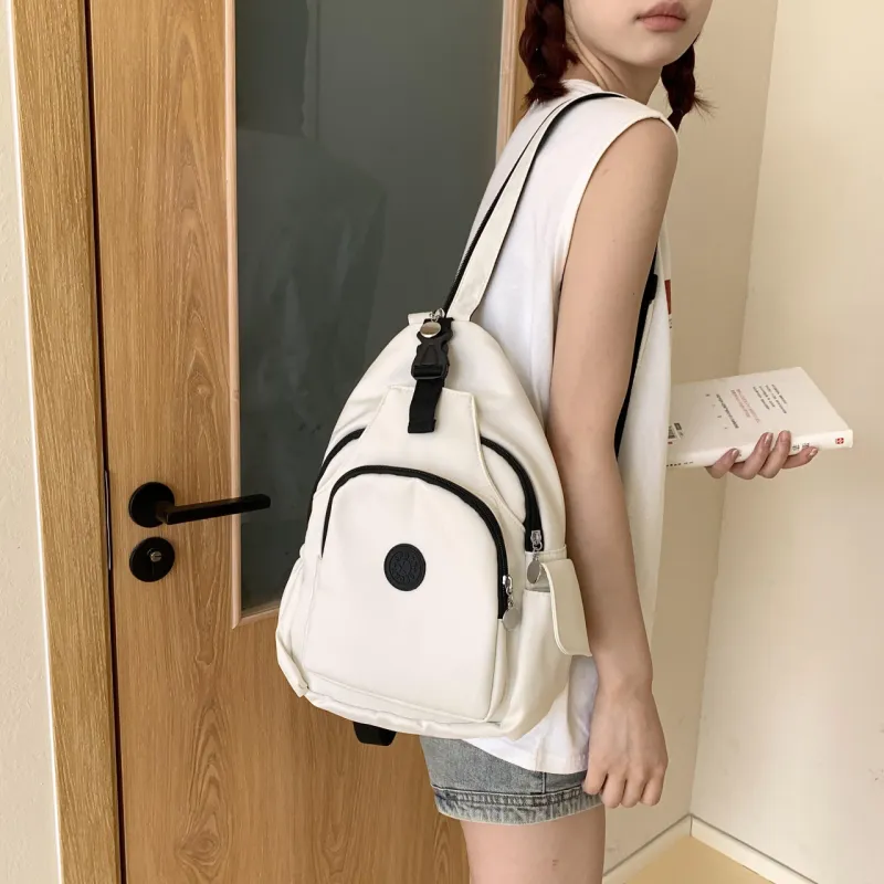 OURFUN Nylon Backpack On The Shoulder Unisex Ecru/Black/Orange-4