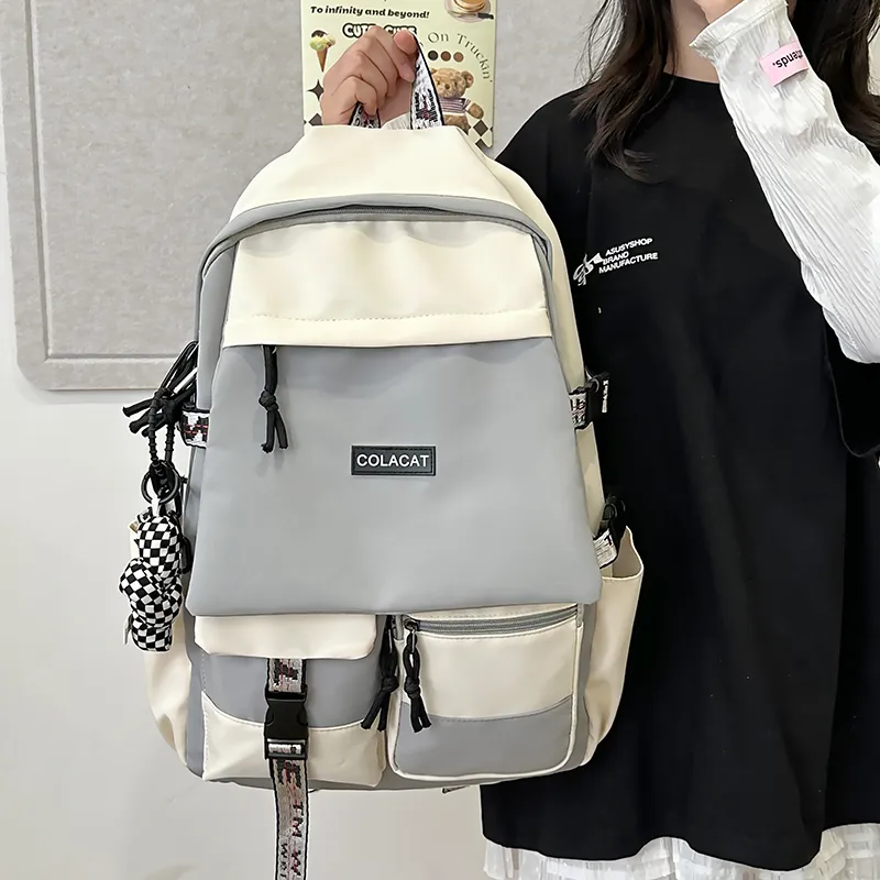 OURFUN Nylon Backpack Regular Unisex Black & White/Light Gray/Black/Blue-8