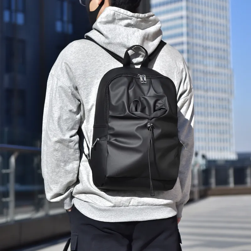 OURFUN Oxford Patchwork PU Backpack Unisex Black Leather Membrane/Black-1