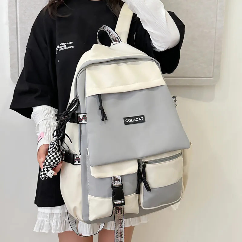 OURFUN Nylon Backpack Regular Unisex Black & White/Light Gray/Black/Blue-7