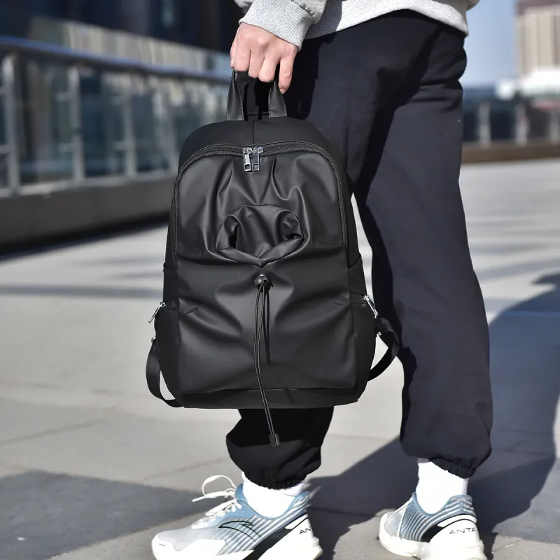 OURFUN Oxford Patchwork PU Backpack Unisex Black Leather Membrane/Black-2