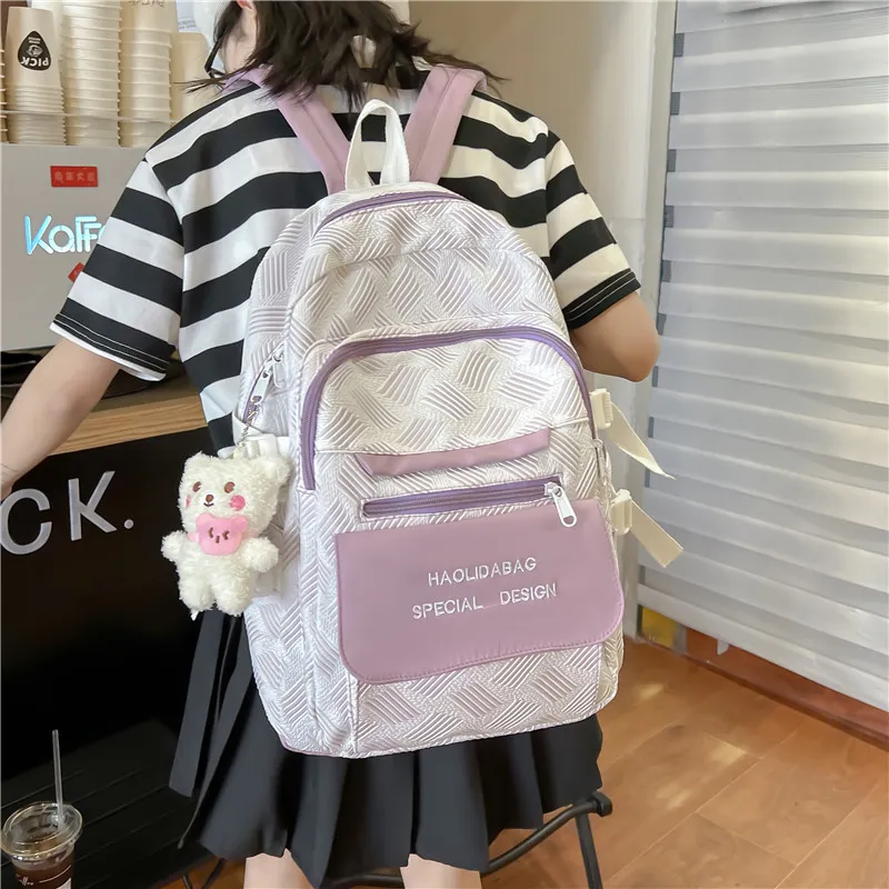 OURFUN Canvas Backpack Unisex Gray/Violet/Light Green/Light Blue-2