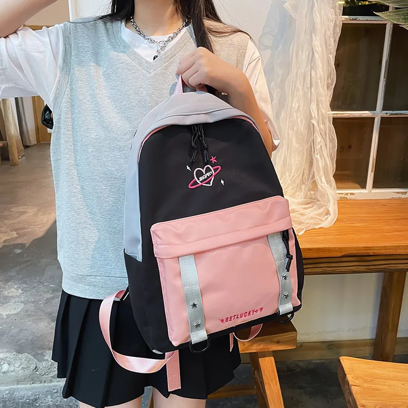 OURFUN Nylon Backpack Unisex Pink/Violet/Light Green-1