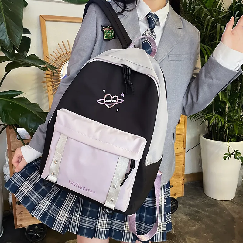 OURFUN Nylon Backpack Unisex Pink/Violet/Light Green-7
