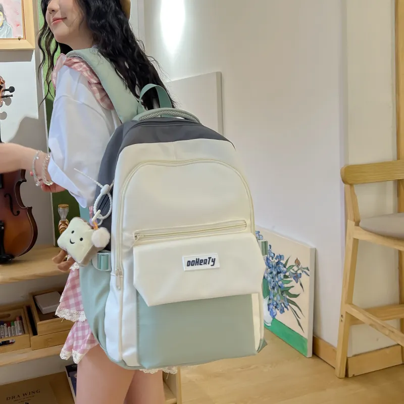 OURFUN Nylon Fabric Backpack Regular Unisex Gray/Red/Green/Pink-5