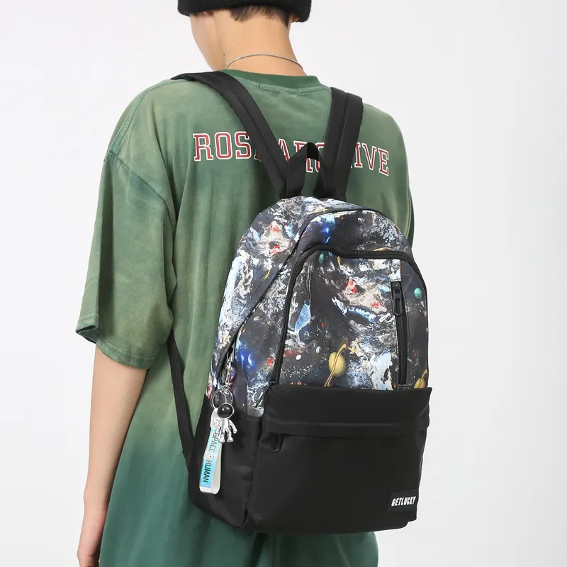 OURFUN Nylon Backpack Unisex Black Base With White Text/White Base With Black Text/Black Planet/Blue Planet-10