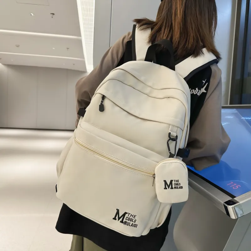 OURFUN Nylon Fabric Backpack Unisex White/Gray/Black/Light Brown-6