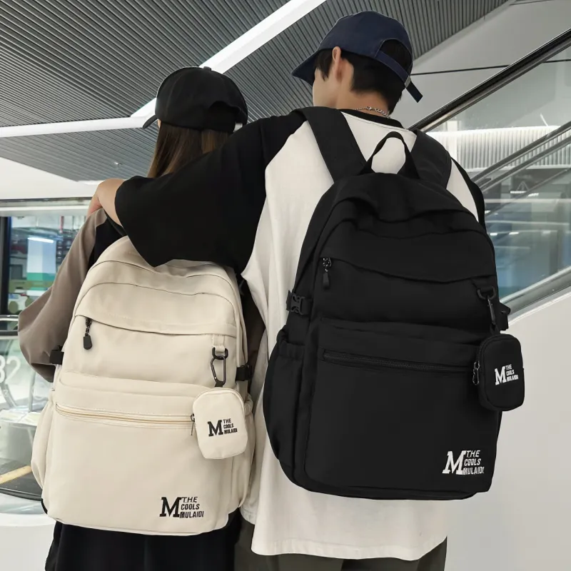 OURFUN Nylon Fabric Backpack Unisex White/Gray/Black/Light Brown-7