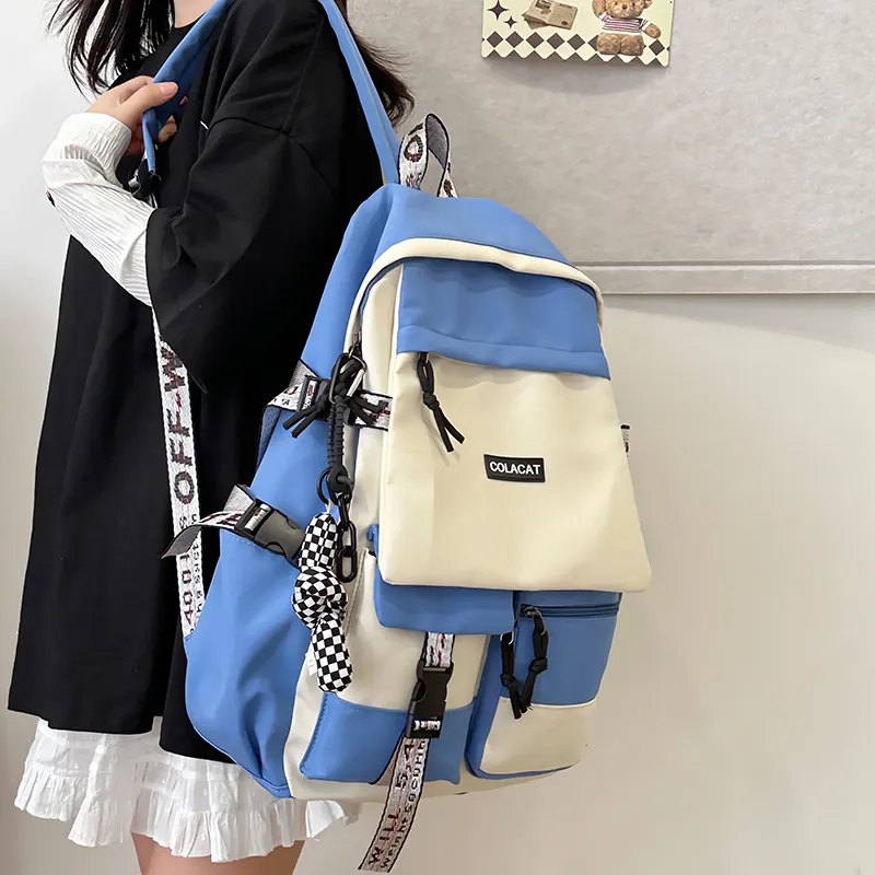 OURFUN Nylon Backpack Regular Unisex Black & White/Light Gray/Black/Blue-18