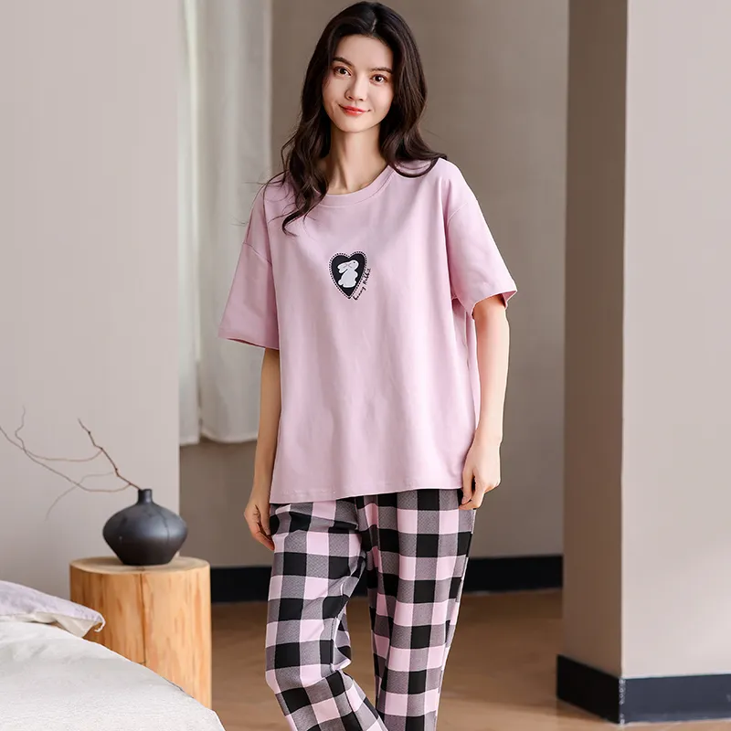 WANANNI Pajama Set Women's Pink Black Plaid-6