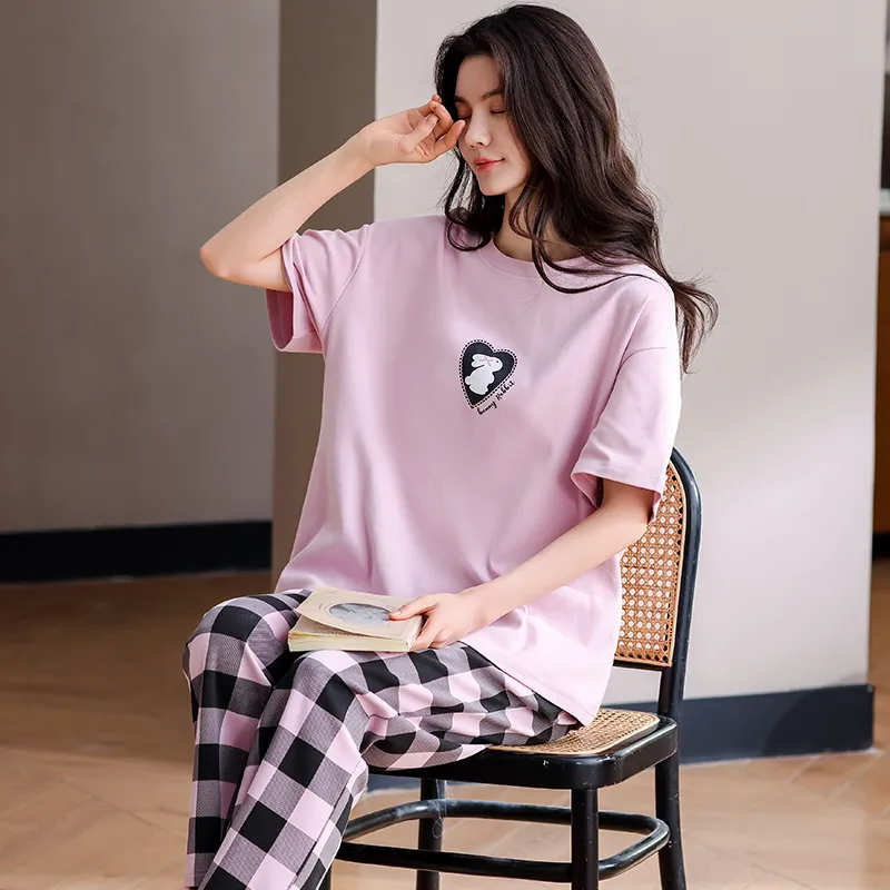 WANANNI Pajama Set Women's Pink Black Plaid-5