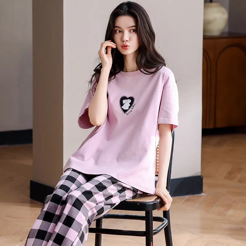 WANANNI Pajama Set Women's Pink Black Plaid-3